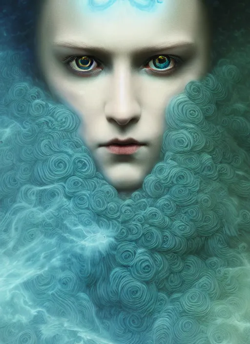 Image similar to Her huge ominous glowing blue eyes staring into my soul , perfect eyes, intricate stunning highly detailed, agostino arrivabene, WLOP, twisted dark lucid dream, 8k portrait render, raven angel wings, swirling thick smoke , beautiful lighting, dark fantasy art, cgsociety