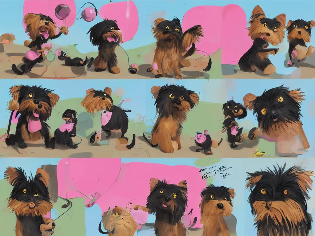 Image similar to a comic strip of a smiling black and caramel Yorkshire Terrier, art by Goro Fujita, plus a pink rubber monkey, the two animals play in a simply sketched park, art by Goro Fujita