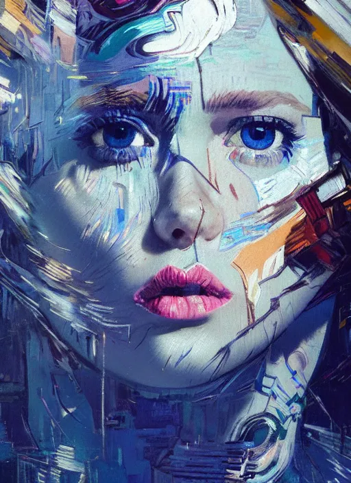 Image similar to portrait of beautiful girl, ecstatic, dancing, eyes closed, shades of blue and grey, new york backdrop, beautiful face, rule of thirds, intricate outfit, spotlight, by greg rutkowski, by jeremy mann, by francoise nielly, by van gogh, digital painting