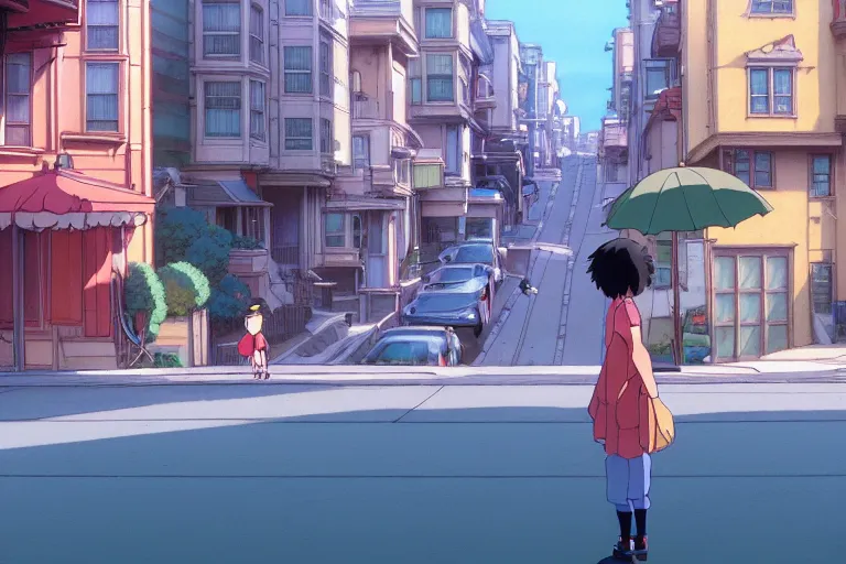 Prompt: still from studio ghibli movie'alone in san francisco'; 8 k ; very detailed, focused, colorful, antoine pierre mongin, trending on artstation ;