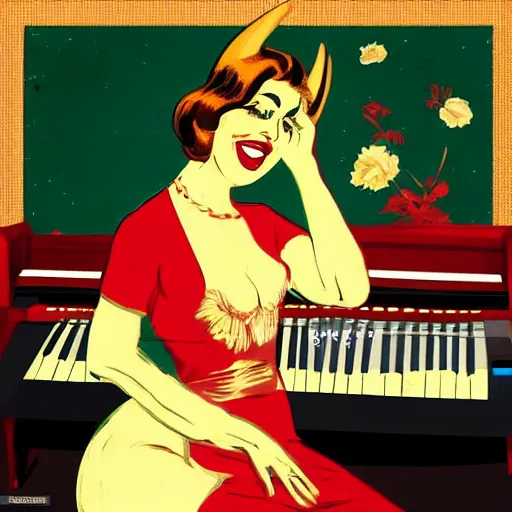 Image similar to vintage beautiful woman, wearing devil horns and sitting in an piano, retro cartoon