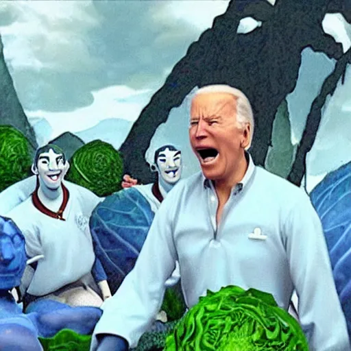 Prompt: Joe Biden screaming My Cabbages!!! in ATLA, cabbage guy, still from avatar 2010