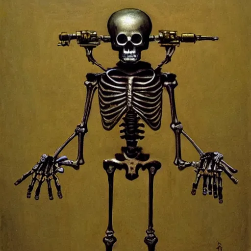 Prompt: robot cowboy skeleton with 4 arms, holding 4 guns, highly detailed beksinski art