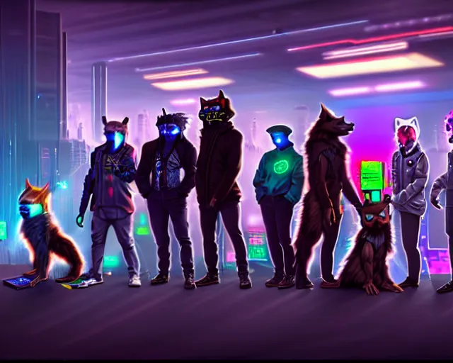 Image similar to high - resolution photograph from a cyberpunk era furry fandom convention ( midwest furfest 2 0 4 7 ), taking place after the genetic revolution and quantum singularity. photorealistic.