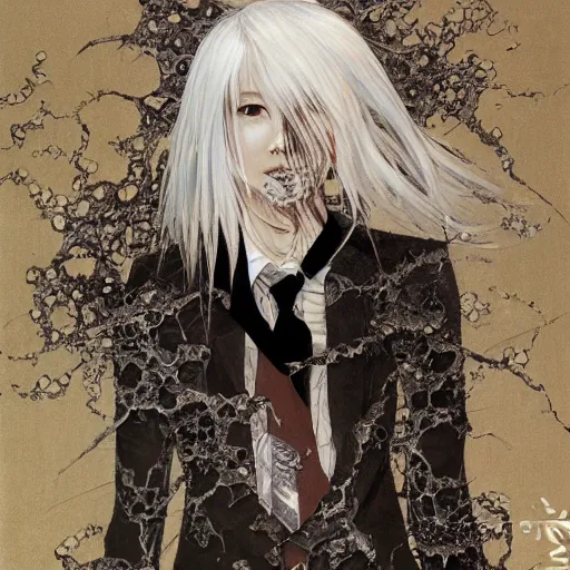 Image similar to Yoshitaka Amano realistic illustration of an anime girl with white hair and cracks on her face wearing dress suit with tie fluttering in the wind, abstract black and white patterns on the background, noisy film grain effect, highly detailed, Renaissance oil painting, weird portrait angle