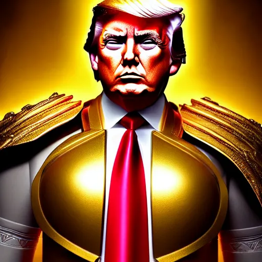 Prompt: Donald Trump as the god-emperor of mankind, he wears his golden armor, epic full shot, cinematic lighting, oil painting, award winning on Artstation, hyper detailed, hyper realistic, righteous wrath on his face, by Michelangelo