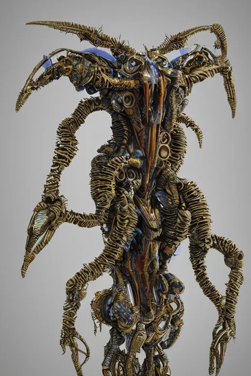 Prompt: hyper-maximalist overdetailed 3d sculpture of a biomechanical insectoid monster by clogtwo and ben ridgway. 8k. Generative art. Fantastic realism. Scifi feel. Extremely Ornated. Intricate and omnious. Tools used: Blender Cinema4d Houdini3d zbrush. Unreal engine 5 Cinematic. Beautifully lit. No background. artstation. Deviantart. CGsociety. Inspired by beastwreckstuff and jimbo phillips. Cosmic horror infused retrofuturist style. Hyperdetailed high resolution Render by binx.ly in discodiffusion. Dreamlike polished render by machine.delusions. Sharp focus.