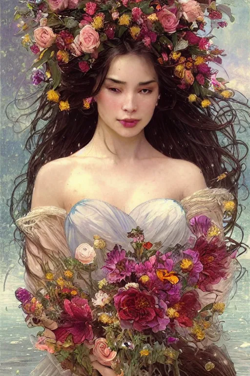 Image similar to portrait of a beautiful mysterious woman holding a bouquet of flowing flowers, wet dripping long hair, hands hidden under the bouquet, emerging from the water, fantasy, regal, intricate, by stanley artgerm lau, greg rutkowski, thomas kindkade, alphonse mucha, loish, norman rockwell