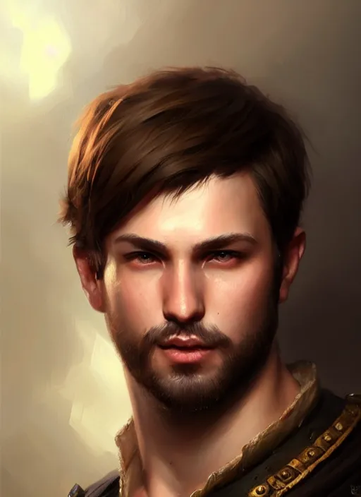 Image similar to a _ fantasy _ style _ portrait _ painting _ of slightly chubby white male very short hair short stubble, brown hair, rpg dnd oil _ painting _ unreal _ 5 _ daz. _ rpg _ portrait _ extremely _ detailed _ artgerm _ greg _ rutkowski _ greg