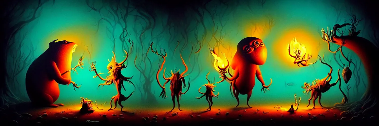 Image similar to whimsical creature freaks from the depths of the imagination, dramatic lighting from fire glow, surreal dark uncanny painting by ronny khalil