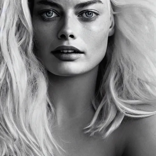 Image similar to photo of margot robbie as a paladin, full platinum blond, bleached eyebrows, pale skin, freckle, by vivian maier, realistic, high detail, high quality, trending on pinteresst