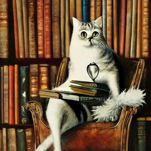 Prompt: a distinguished cat in smoking on armchair with a monocle in a room full of books in surrealistic style