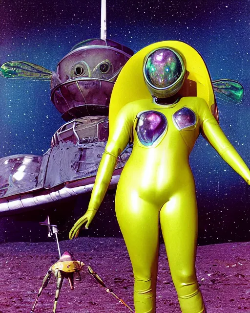 Prompt: Glossy realistic color Ektachrome photograph of beautiful voluptuous lady alien extraterrestrial with iridescent faceted bug eyes, standing in front of a crashed spacecraft, yellow feathered antennae coming out of her head, dark green and yellow mottled skin, sexy skintight pink and silver spacesuit, standing in front of a spacecraft near a lake, scifi, futuristic, realistic, hyperdetailed, chiaroscuro, concept art, art by gil elvgren, by Robert McGinnis