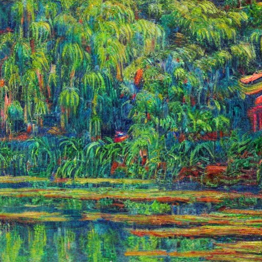 Prompt: small lakefront jungle fishing town, matte painting, trending on artstation, style of Monet, van rysselberghe