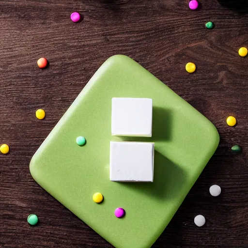 Prompt: photograph of a marshmallow cube with sprinkles and chocolate flakes on a dark wooden chopping board, light green pastel, hessian cloth, styled food photography, photorealistic, 4 k