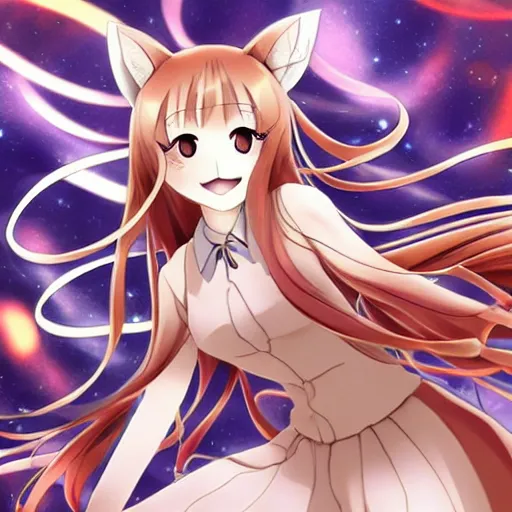 Prompt: overjoyed Holo!!!!!!!!!!!! from Spice_and_Wolf!!!!!!!!!!!!!!!!!!!, Ookami to Koushinryou, key visual, official media, highly detailed