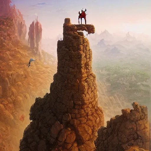 Prompt: a camel rider standing on the edge of a cliff looking far away at the huge tower of destiny, by mohrbacher, by andreas rocha, by james gurney, digital painting