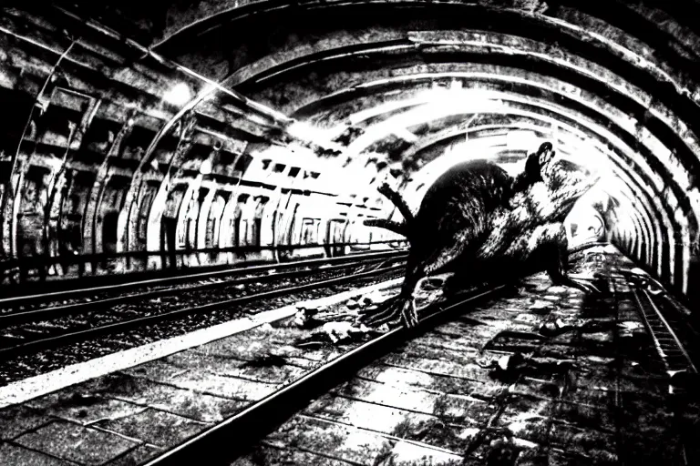 Image similar to very large giant mutant zombie irradiated rat sraying on railways in tonnel of moscow subway. extreme high detail. low dark light, scary atmosphere.