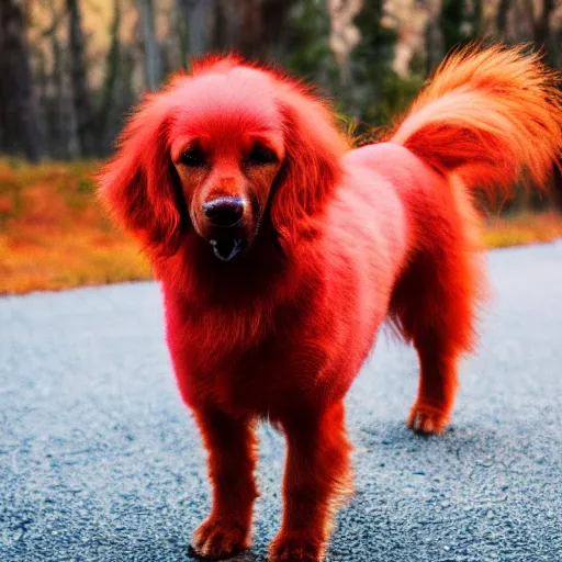 Image similar to ultra detailed photo of a dog with red flaming fur