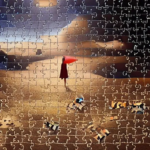 Image similar to A surreal oil painting of a puzzle containing a beautiful woman on a desert beach with scattered puzzle pieces by Salvador Dali, dark vibes, high contrast, cinematic, depth of field