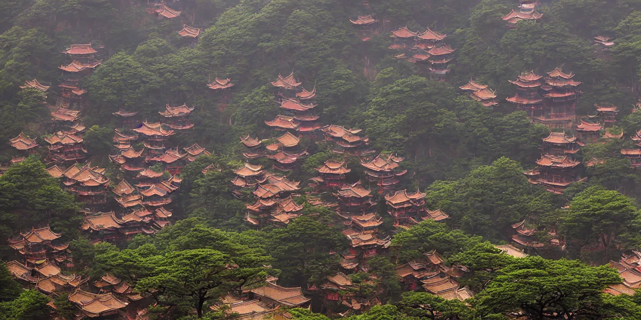 Prompt: huangshan with buddhist dwellings by wang jian