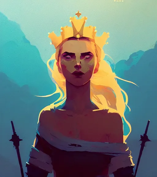 Image similar to portrait of beautiful warrior with golden hair, sun, crown, by atey ghailan, by greg rutkowski, by greg tocchini, by james gilleard, by joe fenton, by kaethe butcher, dynamic lighting, gradient light blue, brown, blonde cream and white color scheme, grunge aesthetic