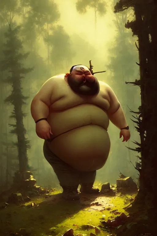 Prompt: great giant fat man with a moustache in the woods by bayard wu, anna podedworna, gaston bussiere, greg rutkowski