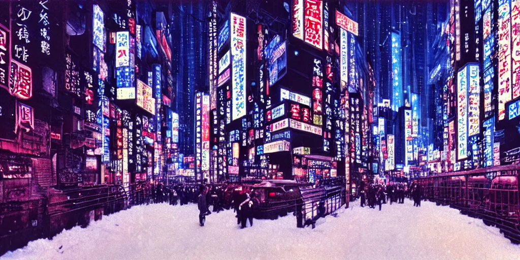 Image similar to autochrome of Neo-Tokyo 20XX winter landscape, sharp focus, cyberpunk city in winter, artwork scan, masterpiece, high quality