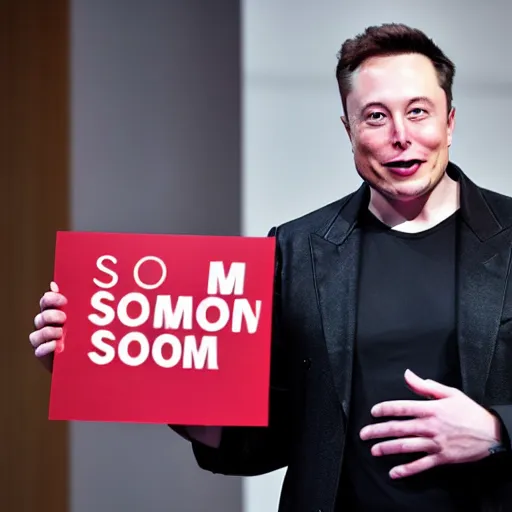 Image similar to a medium shot photograph of elon musk holding a sign with the word soon on it, 4k, ultra HD