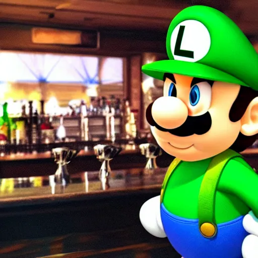 Prompt: luigi from super mario hanging at the bar and getting drunk with the boys