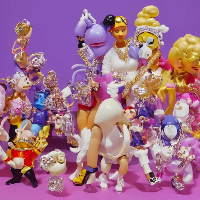 Prompt: jeff koons hip hop bauhaus style street sharks sailor moon wearing diamond grillz and a ton of bussdown iced gold bling in wallace & gromit strata - cut claymation, ultra realistic, concept art, intricate details, serious, highly detailed, photorealistic, octane render, 8 k, unreal engine