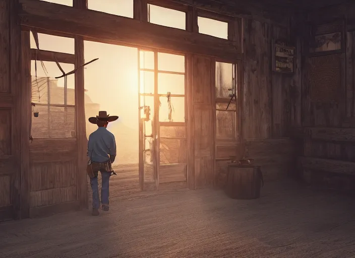 Prompt: an old cowboy walking through the door of a saloon, wild west, sunset, desert, dusty, sunbeams. digital illustration, colors, soft lighting, adventurous, atmospheric lighting, 8K, octane render. By Makoto Shinkai, Stanley Artgerm Lau, WLOP, Rossdraws, James Jean, Andrei Riabovitchev, Marc Simonetti, krenz cushart, Sakimichan, D&D trending on ArtStation, digital art.