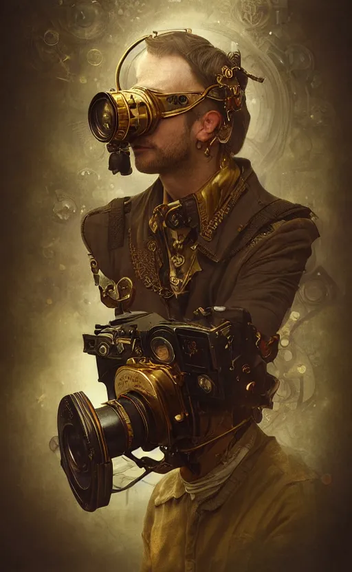 Image similar to hyper realistic male photographer looking through a vintage steampunk medium format camera, design on white background, beautiful details, lush foliage cyberpunk, gold, drawn by john singer sargent, tom bagshaw, norman rockwell, alphonso mucha, lolish, trending on artstation