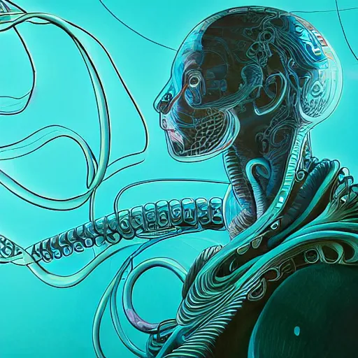 Prompt: an eternal self portrait by the artist kelbv, in distinct hyper detailed style with tubes neatly curving around his head, and inflated body filled with light blue and teal truncated tetrahedra, perfect studio lighting against a backdrop of a still from the movie flight of the squid.