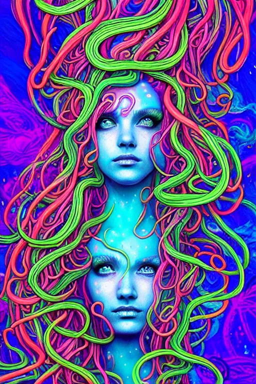 Image similar to A sea goddess with neon tentacles hair having an extremely colorful psychedelic experience, warping time and space, magic mushrooms, psilocybin, LSD, face, detailed, intricate, elegant, highly detailed, digital painting, artstation, concept art, smooth, sharp focus, illustration, art by Krenz Cushart and Artem Demura and alphonse mucha, Octane render, unreal engine, 8K