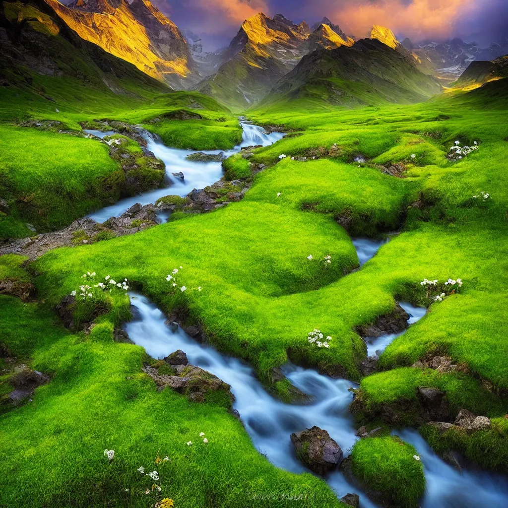 Image similar to amazing landscape photo of switzerland green spring with flowers by marc adamus, beautiful dramatic lighting