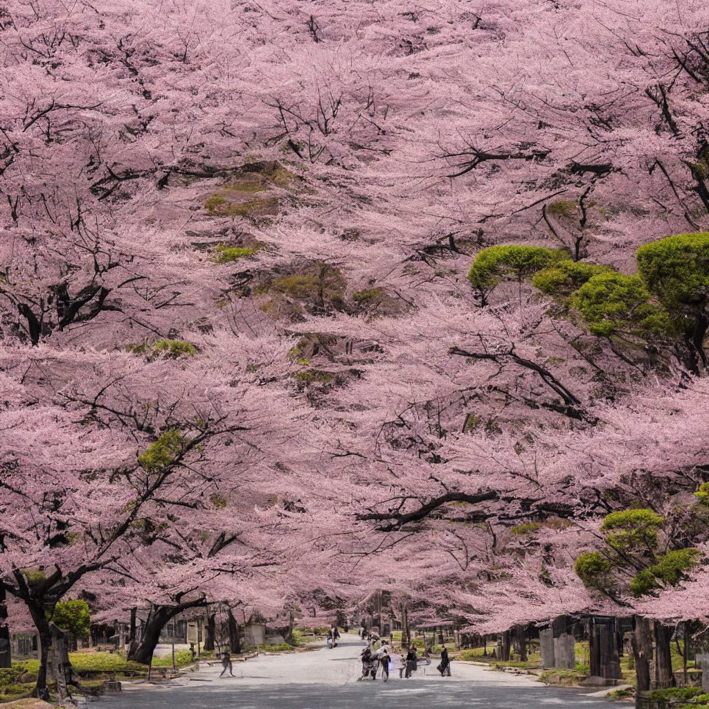 Prompt: old empty samurai city surrounded by sakura trees few