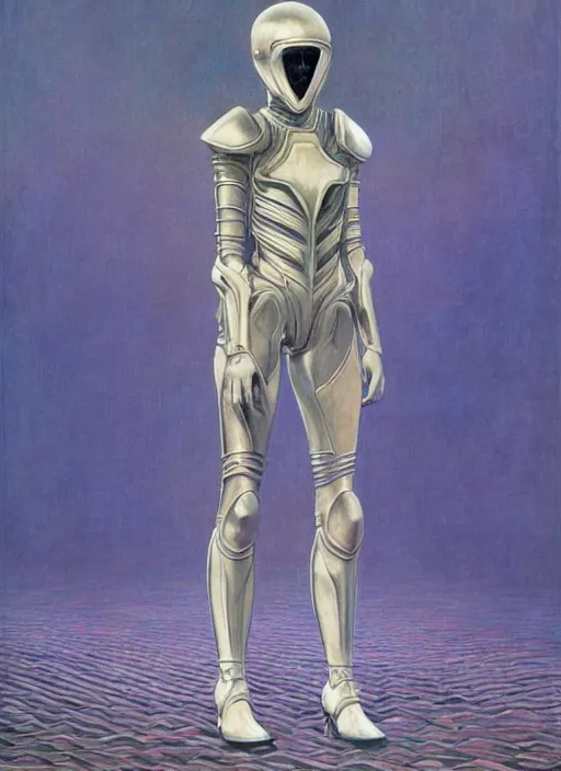 Image similar to full body portrait of beautiful gothic and futuristic fashion model, elegant space armour, cyber armour, highly detailed, artstation, illustration, composition, 8 k quality, art by jean delville, rene magritte, hyperrealism oil painting