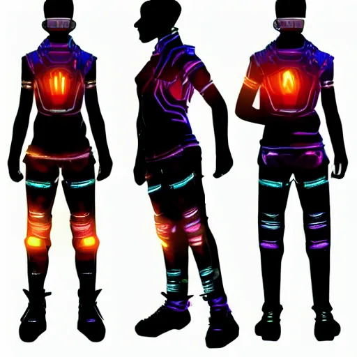 Prompt: a man wearing colorful cyperpunk techwear, detailed digital art style, dynamic lighting, character sheet