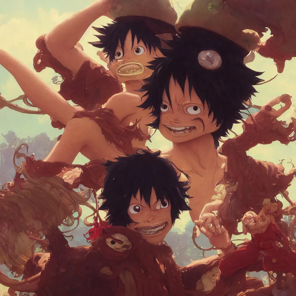 Image similar to highly detailed vfx portrait of monkey d. luffy, stephen bliss, greg rutkowski, loish, rhads, beeple, makoto shinkai, tom bagshaw, alphonse mucha, global illumination, sharp focus, art by artgerm and greg rutkowski, stanley kubrick, best of behance, cinematic lighting