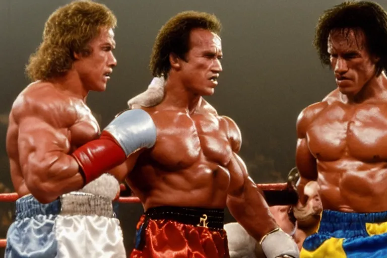 Prompt: film still of Arnold Schwarzenegger as Rocky in Rocky II, 8k,