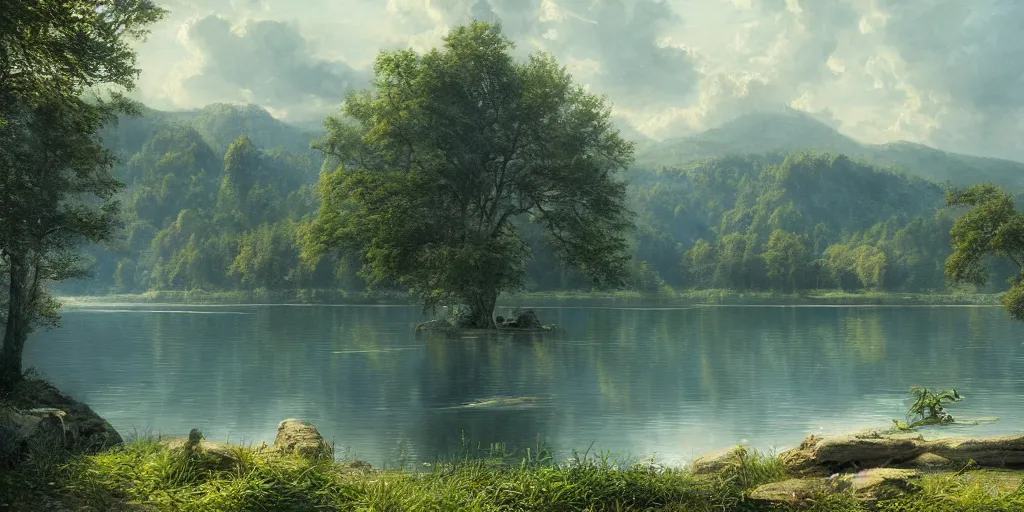 Image similar to a beautiful lake landscape in summer, by Ernest deutsch + Ted Nasmith, cinematic lighting, masterpiece, highly detailed, 8k resolution, trending on art station