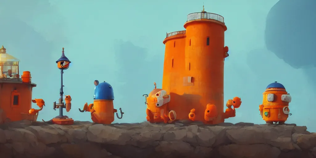Prompt: cute orange and blue cartoon monsters building a lighthouse by Goro Fujita and Simon Stalenhag , 8k, trending on artstation, hyper detailed, cinematic