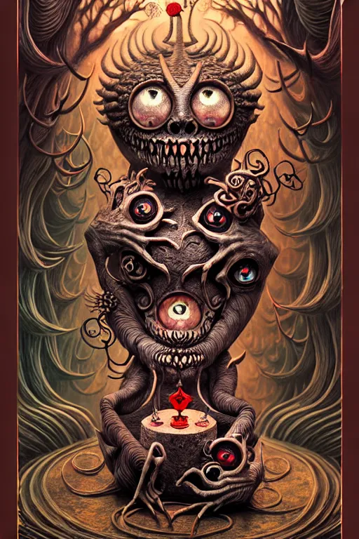 Prompt: A beautiful detailed grotesque monster super cute tarot card, by Gediminas Pranckevicius , symmetrical features, ominous, magical realism, texture, intricate, ornate, royally decorated, skull, skeleton, whirling smoke, embers, red adornements, red torn fabric, radiant colors, fantasy, trending on artstation, volumetric lighting, micro details, 3d sculpture, ray tracing, 8k, anaglyph effect