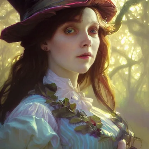 Image similar to close up portrait of alice in wonderland, magical forest, dramatic lighting, high detail, painted, by greg rutkowski, painted by stanley artgerm, painted by alphonse mucha, trending on artstation