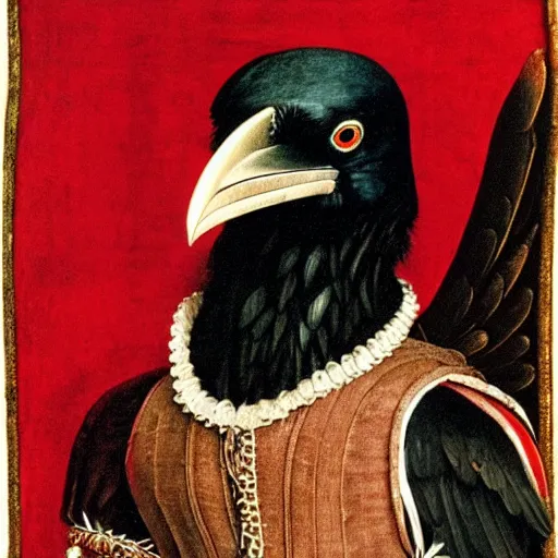 Image similar to a highly detailed portrait of a raven, wearing elegant tudor clothes, inside a room with thick red tapestries, by hans holbein and alessandro allori