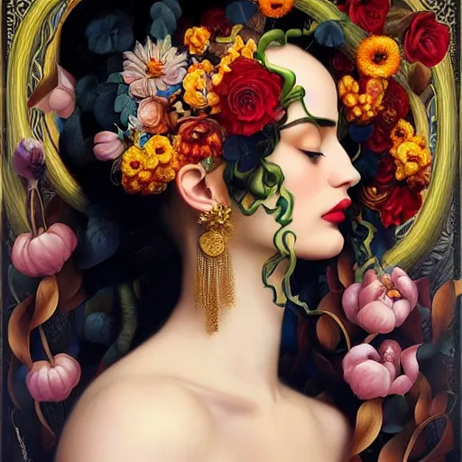 Image similar to dynamic composition, a painting of woman with hair of ( summer flowers )!! and vines wearing ornate earrings, ornate gilded details, a surrealist painting by tom bagshaw and jacek yerga and tamara de lempicka and jesse king, featured on cgsociety, pop surrealism, surrealist, dramatic lighting, wiccan, pre - raphaelite