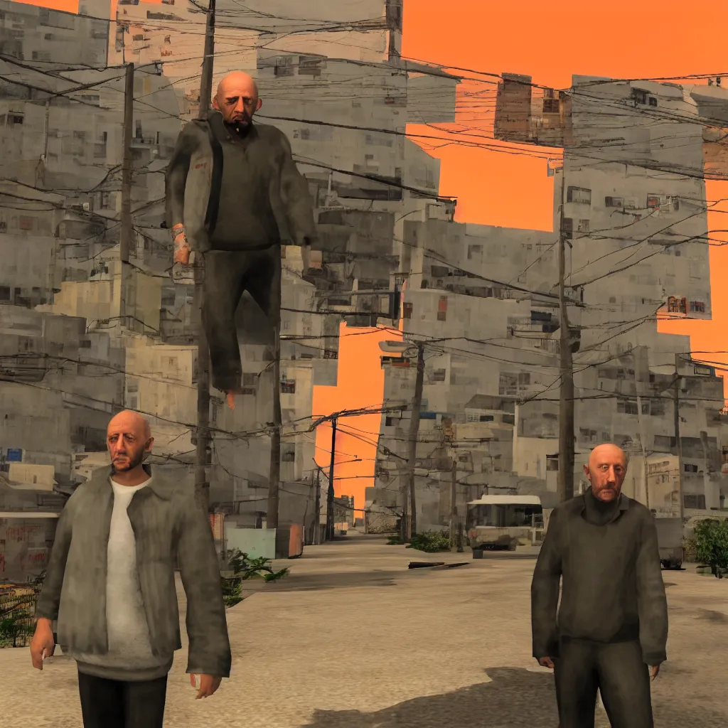 Prompt: Mike Ehrmantraut in Los Santos, screenshot from the PS2 version of GTA San Andreas, orange sky