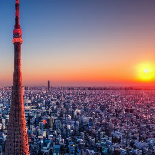 Prompt: A beautiful landscape of photorealistic shift phtograpy, Japan Tokyo Skytree, summer sunset, highly detailed, sharp focus, wallpaper, 8k, awarded winning photo