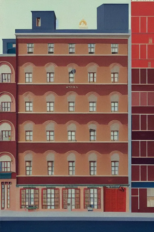 Prompt: scene from wes anderson hotel building by helen lundeberg